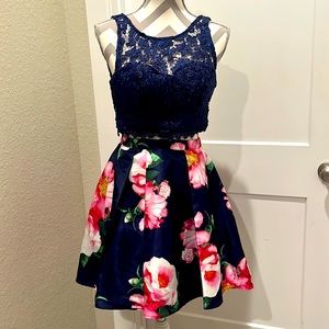2 Piece Dk Blue Floral and Lace Formal Dress
